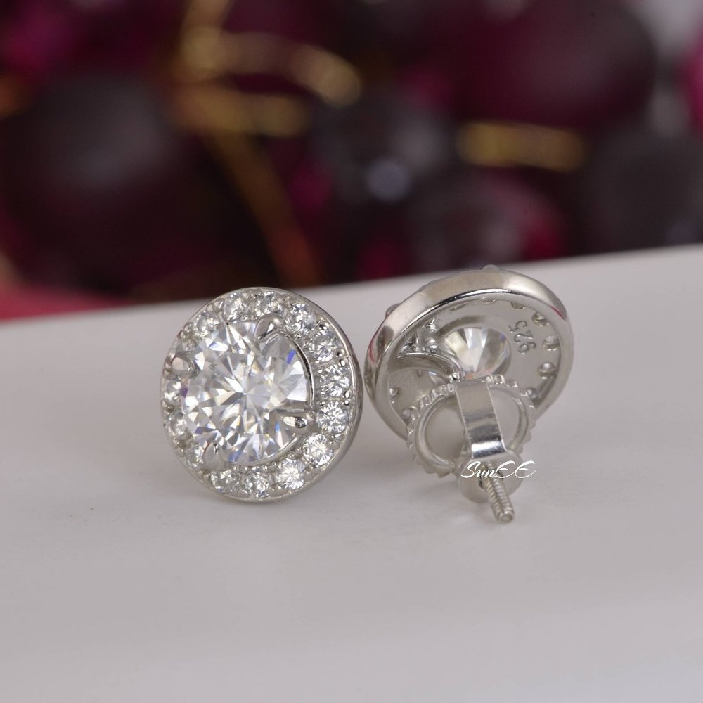 GRA Certified 2ctw Halo Round Cut Moissanite Stud Earrings NEW - Picture 8 of 13